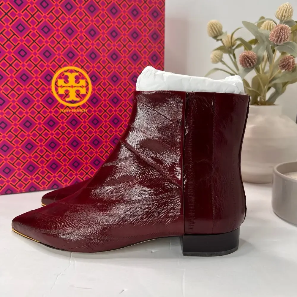 Tory Burch Lila 25mm Eel Leather Bootie Side Zip Wine Women's 5.5M NWB